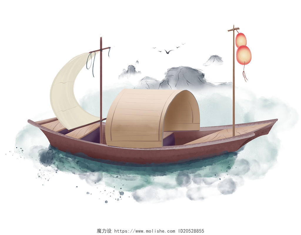 中国风古风江水水墨风杨帆船舟行碧波上船只灯笼元素插画